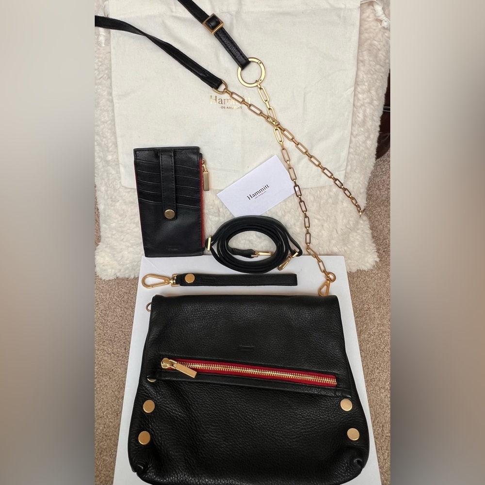 Black Leather HAMMITT Bag Set with Gold Accents, Matching Wallet & Extra Straps